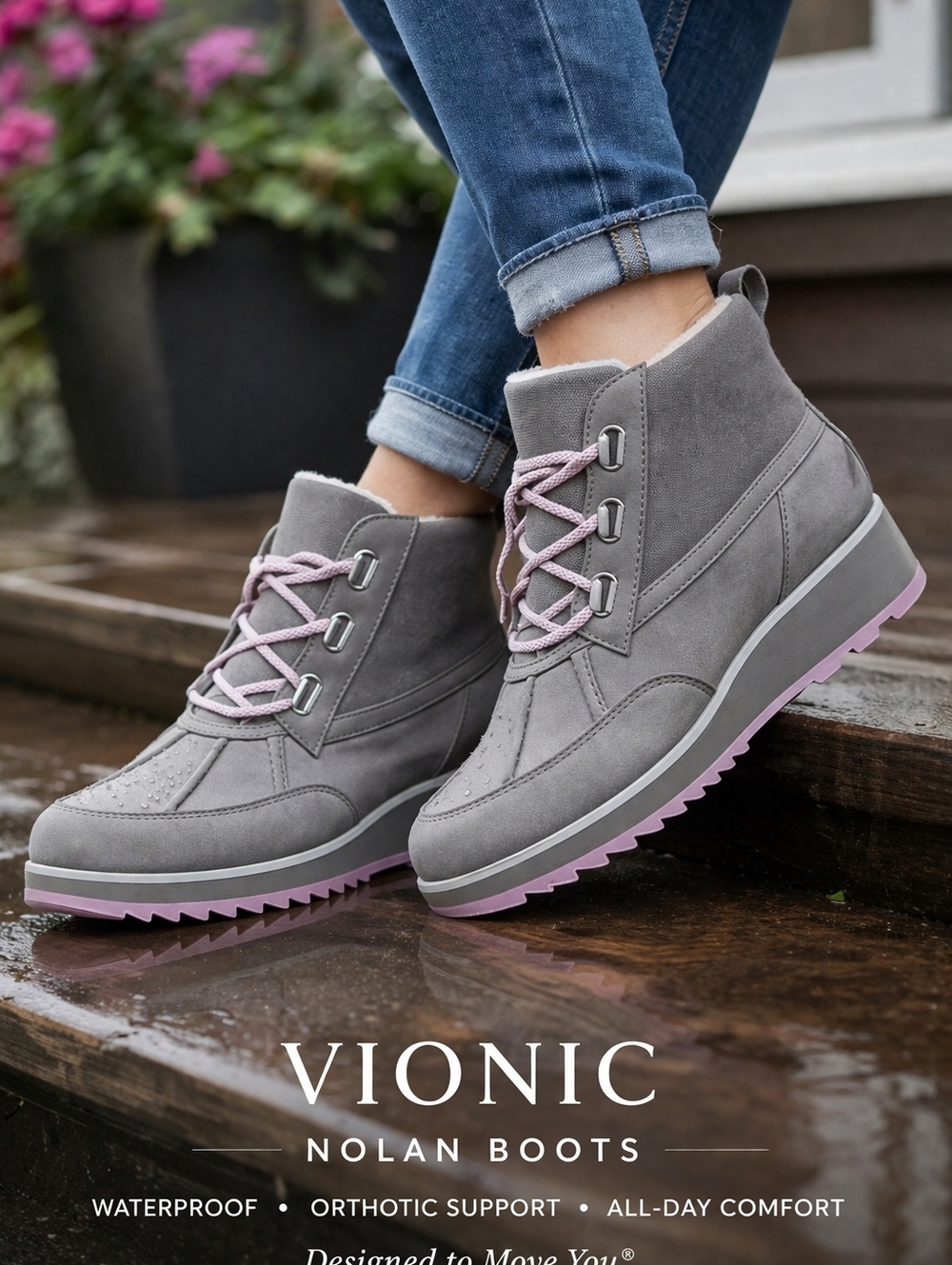 Vionic Nolan Waterproof Boots 9.5 Sage Green Wedge Ankle Comfort Orthopedic